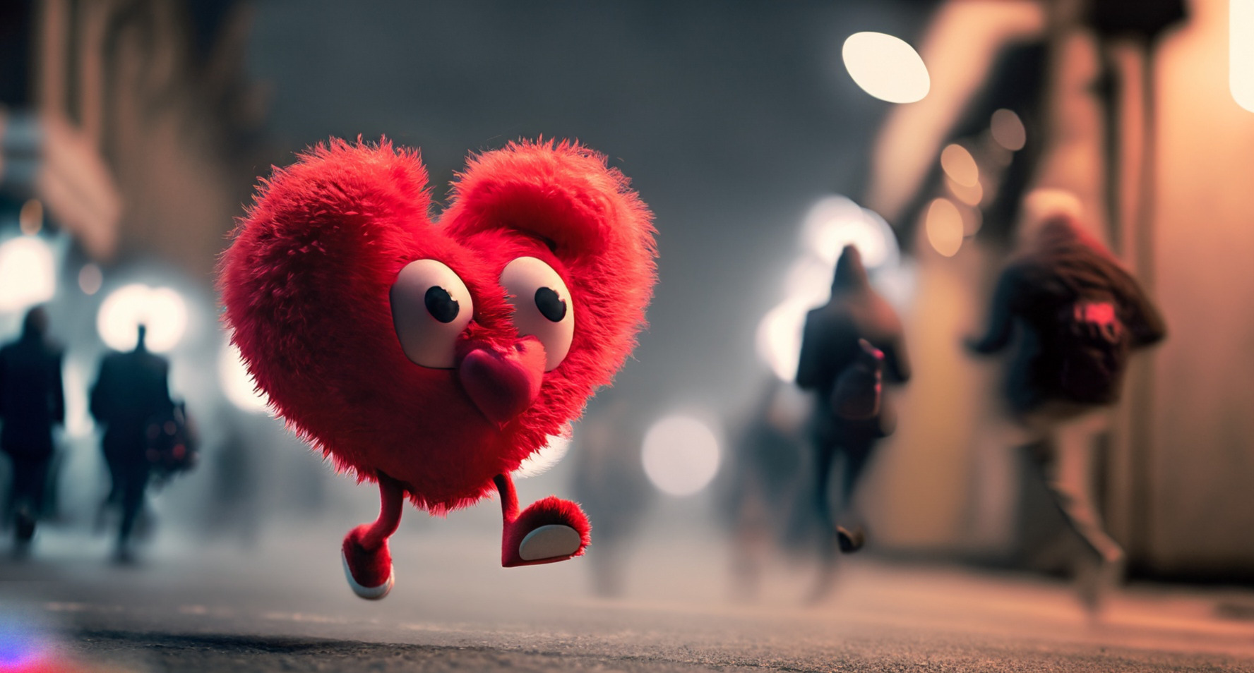 Fluffy red heart character running along a city street at night